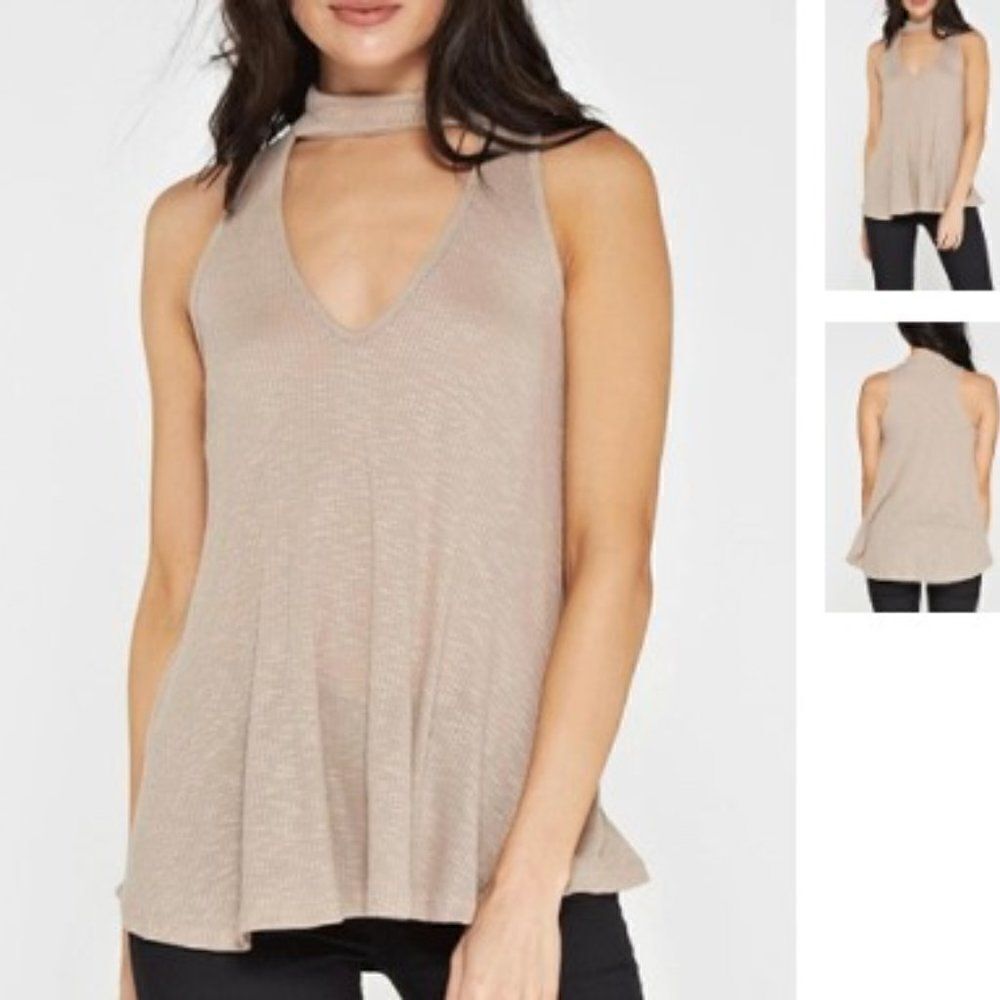 Maronie Ribbed Choker Tank Top size Small Beige Sleeveless V-Neck Party Club